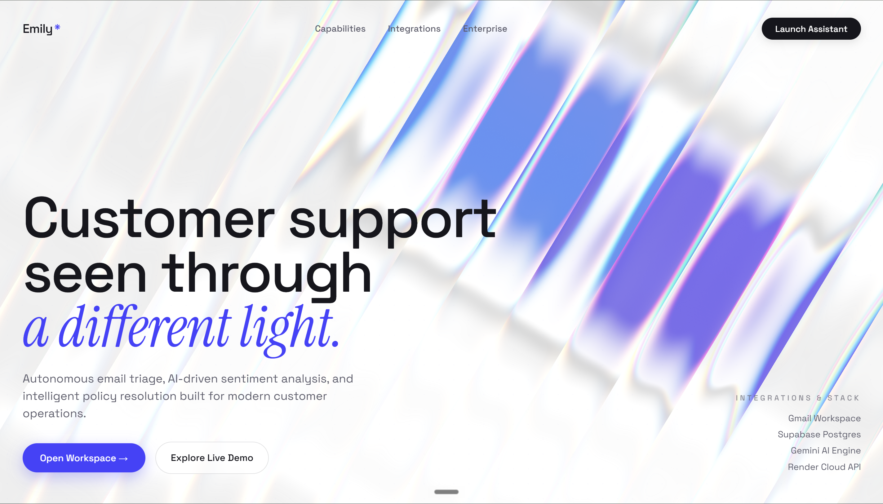 Emily AI customer support homepage
